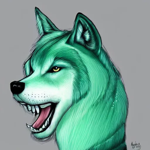 Prompt: Beautiful Digital Portrait Drawing of Mint-Colored Anthropomorphic Unicorn Wolf ,Trending on Artstation