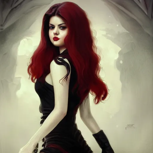 Image similar to portrait of selena gomez upper body in bloody business suit, blood red eyes, vampire fangs, fantasy, intricate, elegant, highly detailed, digital painting, artstation, concept art, matte, sharp focus, illustration, art by aenaluck and roberto ferri and greg rutkowski, epic fantasy, digital painting