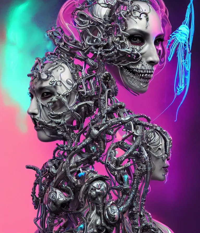 Image similar to fully symmetrical centered iridescent portrait of a beautiful princess demon in robe. skulls artificial muscles, ribcage, bones, hard surface modelling. cyberpunk look. biomechanical mask. bio luminescent biomechanical halo around head. neon jellyfish. artwork by jarold Sng by artgerm, by Eddie Mendoza, by Peter mohrbacher by tooth wu, by beeple, unreal engine, octane render, cinematic light, high details, iridescent colors, dichroic, macro, depth of field, blur