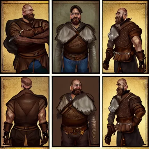 Prompt: portrait, 50 years old man :: short, stocky build :: dark, short hair and a whisker :: medieval leather workwear :: high detail, digital art, fantasy, RPG, concept art, illustration