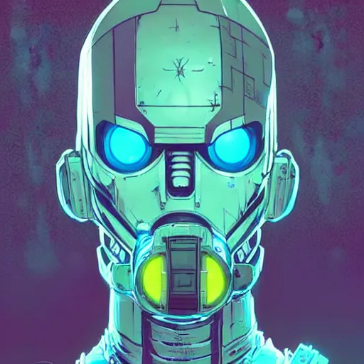 Image similar to cell shaded long shot of a cybernetic blue bald soldier with glowing blue eyes as Borderlands 3 concept art, llustration, post grunge, concept art by josan gonzales and wlop, by james jean, Victo ngai, David Rubín, Mike Mignola, Laurie Greasley, highly detailed, sharp focus,alien,Trending on Artstation, HQ, deviantart, art by artgem