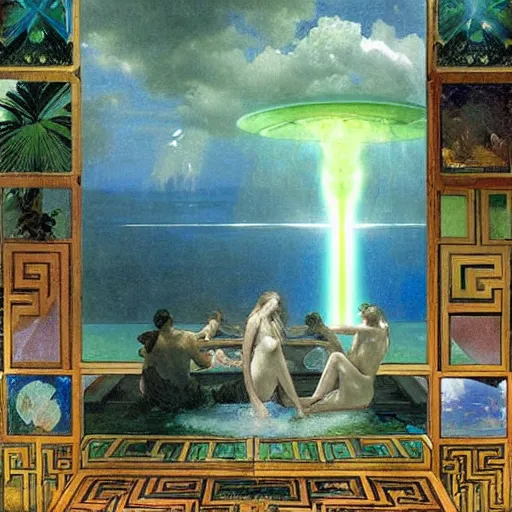 Image similar to The maze, refracted sparkles, thunderstorm, greek pool, beach and Tropical vegetation on the background major arcana sky, by paul delaroche, alphonse mucha and arnold böcklin, hyperrealistic symmetrical 8k, award-winning, very very very detailed