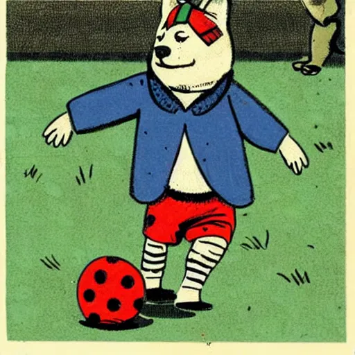 Image similar to illustration of french boy in paris playing football against a corgi, the dog is wearing a polka dot scarf, comic, 1 9 6 2