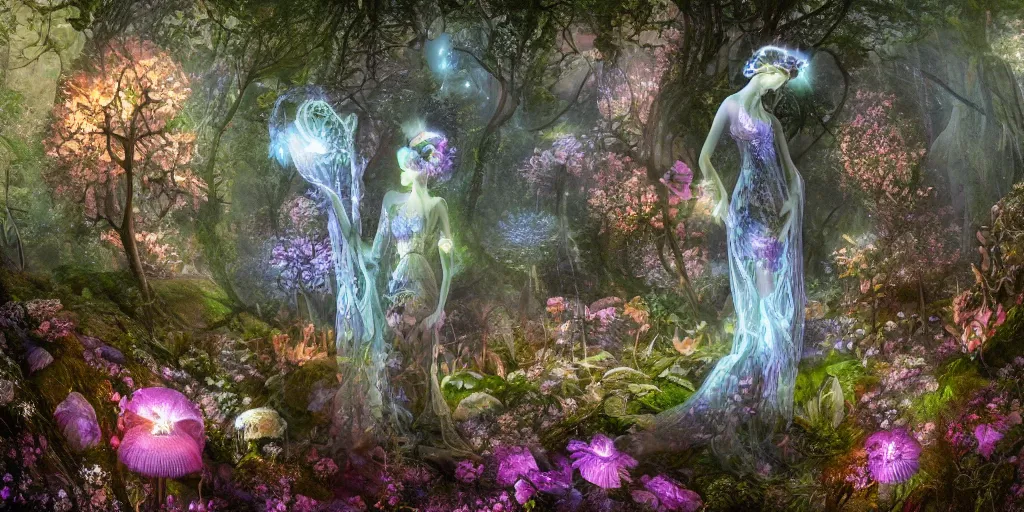 Image similar to glowing delicate flower and mushrooms that grow in a dark fatansy forest on the planet Pandora, an idealistic marble statue with fractal flowery hair in a fractal garden, symmetrical,