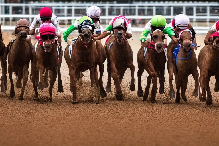 Image similar to an award winning shot of a horse track with racing pit bulls that are winning the race at the finish line