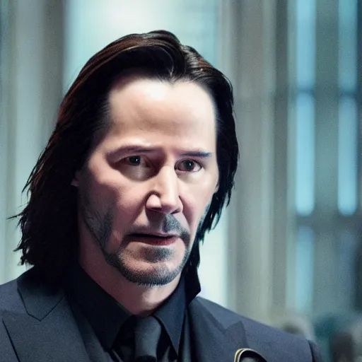 Prompt: film still of Keanu Reeves as Loki in Avengers Endgame, standing with scepter