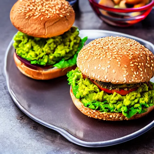 Image similar to juicy vegan hamburger topped with guacamole and fried onion and a vegan fried egg, crispy buns, 8 k resolution, professional food photography, studio lighting, sharp focus, hyper - detailed