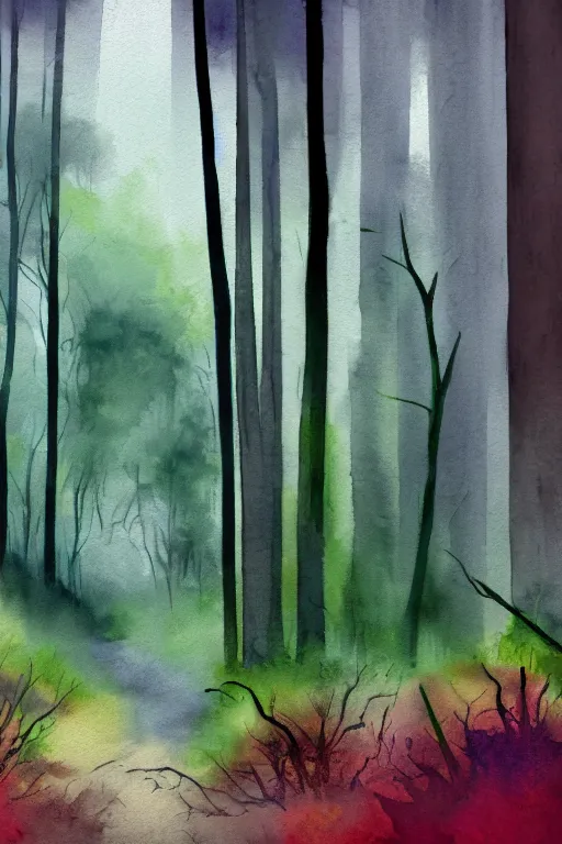 Image similar to landscape background image, forest, watercolor, muted colors, wallpaper