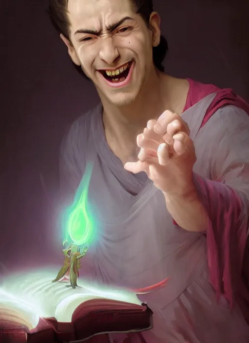 Image similar to character concept portrait of an attractive young laughing Spanish wizard with pink skin conjuring a love spell, a floating iridescent spell book in the center, intricate, elegant, digital painting, concept art, smooth, sharp focus, illustration, from Metal Gear, by Ruan Jia and Mandy Jurgens and William-Adolphe Bouguereau, Artgerm