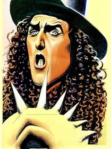 Prompt: weird al as a wizard, serious expression, in the style of frank frazetta