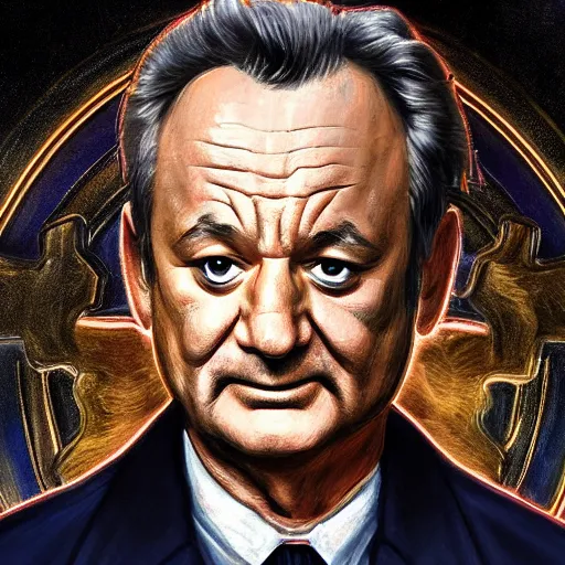 Image similar to epic close up portrait painting of bill murray in ghostbuster depicted like a saint in a orthodox icon, ornate, very beautiful, concept art, realistic painting, 8 k, hd,