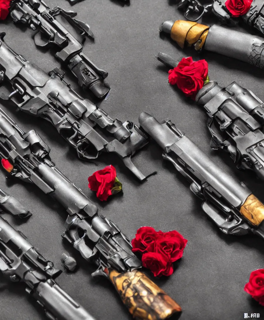 Prompt: close up guns and roses, color, ultra detailed, photorealistic, trending on artstation, 4 k, 8 k