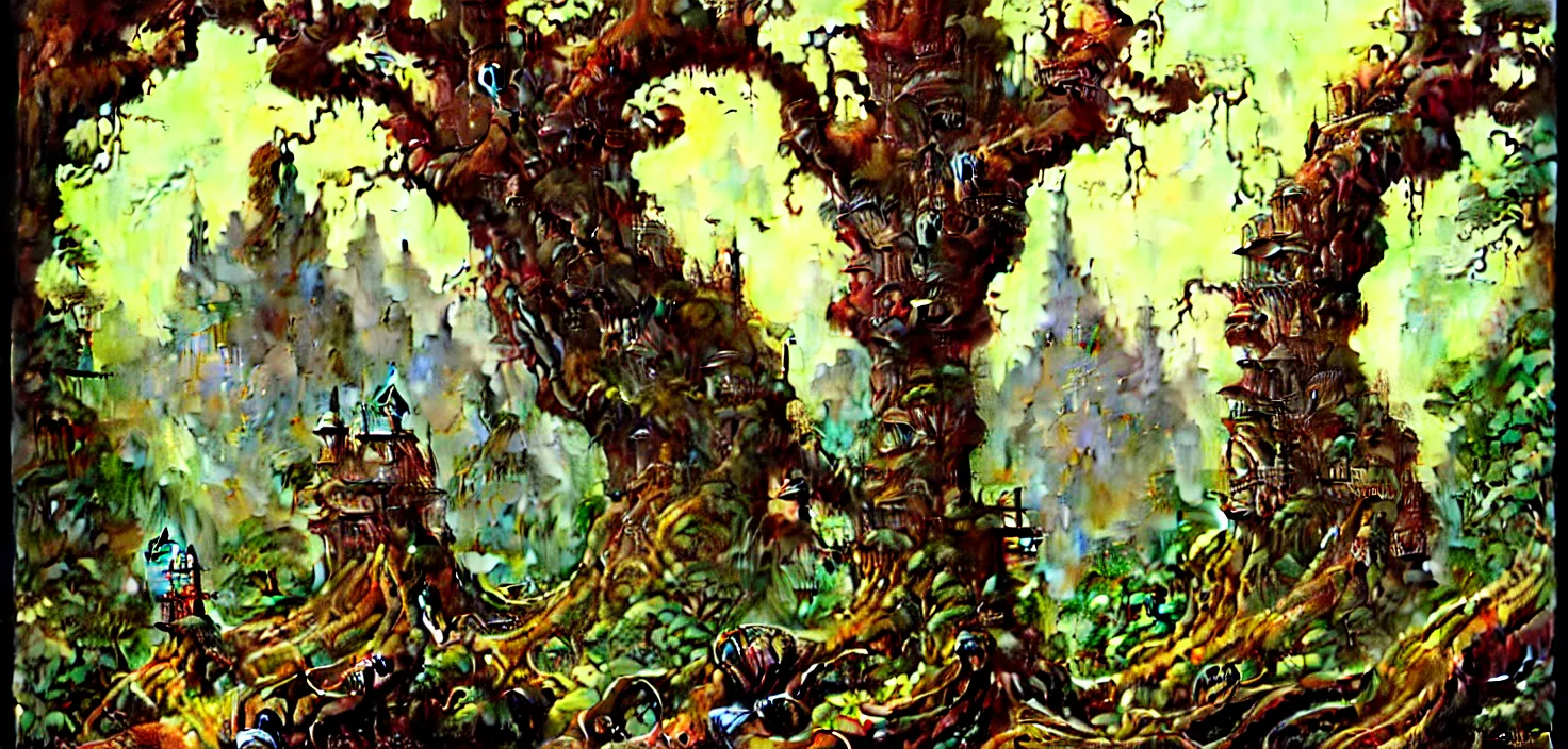 Prompt: exquisite imaginative fantasy landscape lush forests, gnarly trees, with steampunk castles movie poster by : : norman rockwell, sargent, james gurney weta studio, trending on artstation james jean frank frazetta