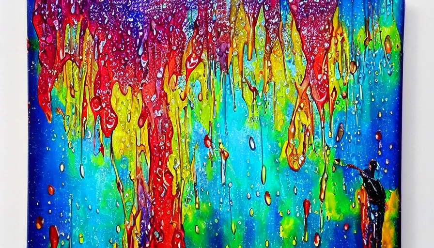 Image similar to painting on canvas, watedrops, water droplets, acrylic painting, acrylic pouring, painting, influencer, artstation - h 8 0 0