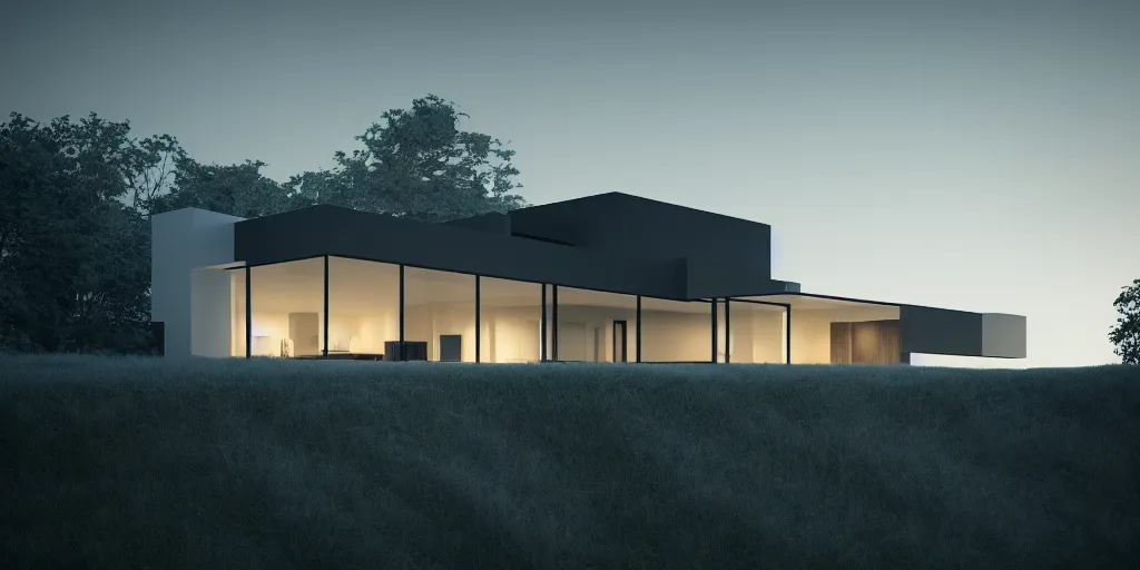 Image similar to A beautiful realistic architectural rendering of a modern minimalistic house on a cliff with a mysterious glow emitting from inside, by octane render and corona render