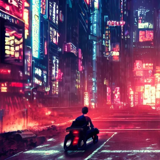 Prompt: spawn riding a tricycle in a neotokyo street, cyberpunk, movie still, 4 k