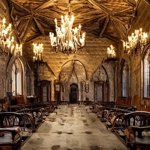 Prompt: gothic hall with large chandeliers under the ceiling, horror style, with puppies and kittens everywhere