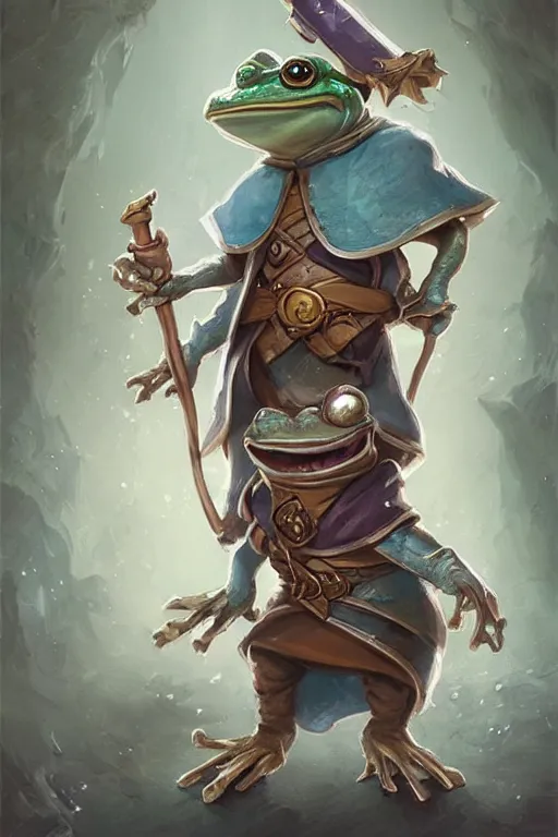 Image similar to cute little anthropomorphic frog wizard wearing a cape and holding a wand, tiny, small, miniature , baby animal, short, pale blue armor, cute and adorable, pretty, beautiful, DnD character art portrait, matte fantasy painting, DeviantArt Artstation, by Jason Felix by Steve Argyle by Tyler Jacobson by Peter Mohrbacher, cinematic lighting