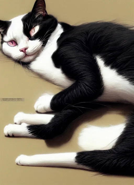 Image similar to cute tuxedo cat sleeping, intricate, elegant, hyper detailed, ultra definition, photoreal, artstation, unreal engine rendered, smooth, sharp focus, illustration, art by artgerm and greg rutkowski and alphonse mucha and garis edelweiss