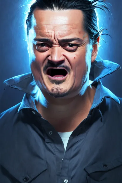 Image similar to a highly detailed beautiful portrait of Mike Patton in hell screaming in front of people, highly detailed, 2d game fanart behance hd by Jesper Ejsing, by RHADS, Makoto Shinkaih and Lois van baarle, ilya kuvshinov, rossdraws global illumination, cinematic, hyper-realistic, depth of field, coherent, high definition, 8k resolution octane renderer, artstation