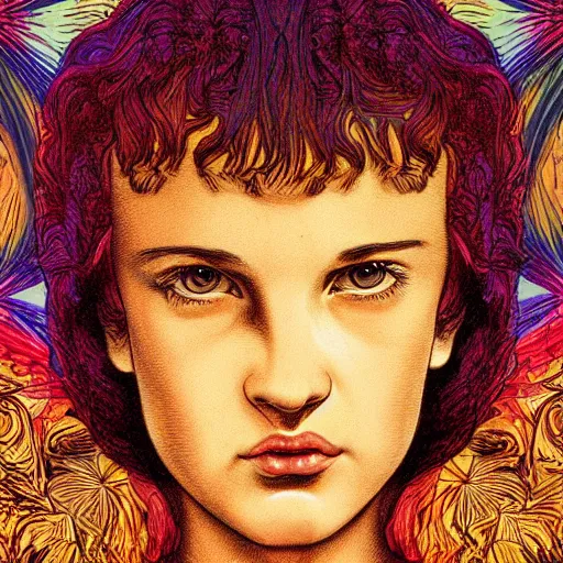 Prompt: stranger things by evelyn de morgan, by jack kirby funereal, kaleidoscopic. a print of a young woman holding an orange