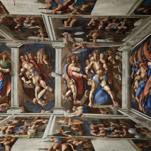 Prompt: realistic biblical painting of the robot uprising, historic depiction, on the ceiling of the sistine chapel, by michelangelo