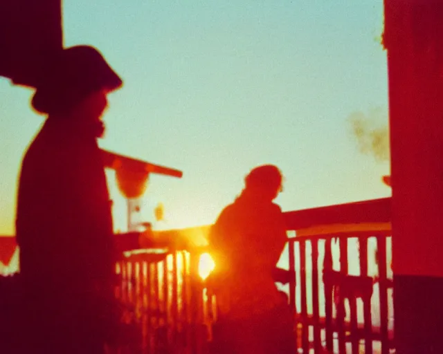 Image similar to lomo photo of pair standing on small hrushevka balcony full with cigarette smoke in small russian town looking at sunset, cinestill, bokeh