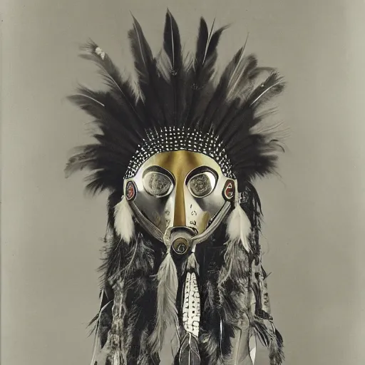 Prompt: vintage photo of futuristic native american shaman mask with chrome scales and gold feather plumes by edward s curtis