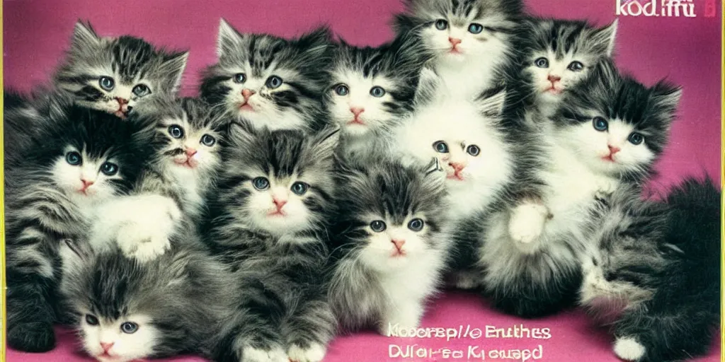 Prompt: 1980s magazine photo of a room full of fluffy kittens playing