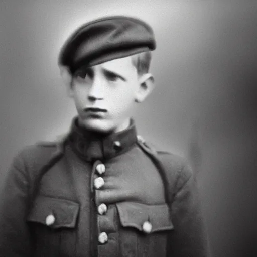 Prompt: young WWI soldier, fog, high contrast, 35mm film grain, highly detailed, black and white, photo-realistic, 8K