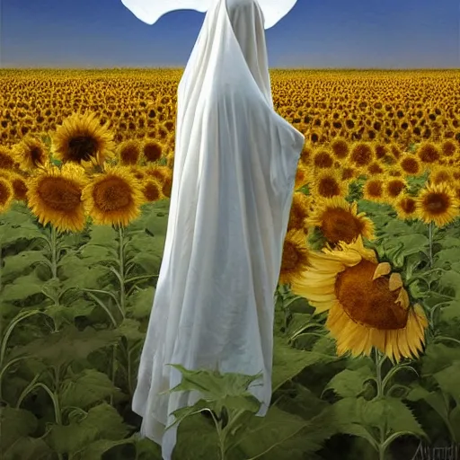 Prompt: Bedsheet Ghost in a field of sunflowers, sunset, Watercolor, photorealistic, high resolution, award winning, trending on artstation, olive skin, long dark hair, beautiful bone structure, intricate, elegant, highly detailed, digital painting, artstation, concept art, smooth, sharp focus, illustration, art by artgerm and greg rutkowski and alphonse mucha
