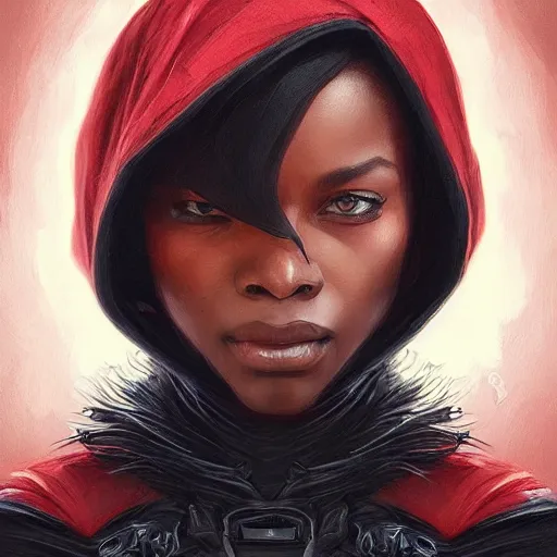 Prompt: Beautiful face Portrait of Little Red Riding Hood with a black panther, intricate, wild, highly detailed, digital painting, artstation, concept art, smooth, sharp focus, illustration, art by artgerm and greg rutkowski and alphonse mucha, footage from space camera