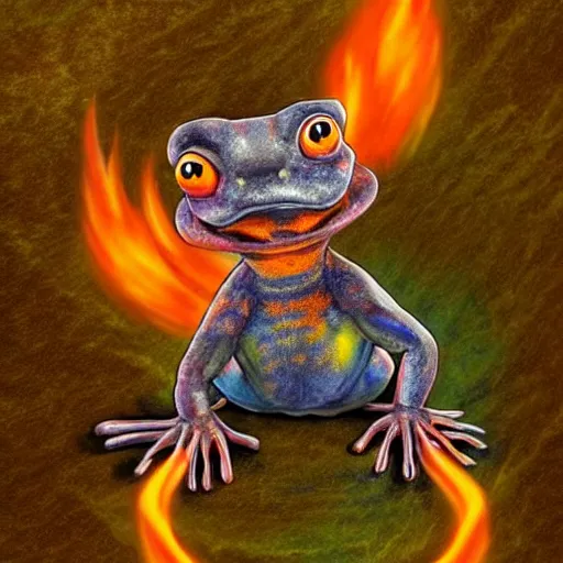 Image similar to cute salamander, fire om back, pet, mythical creature, digital art