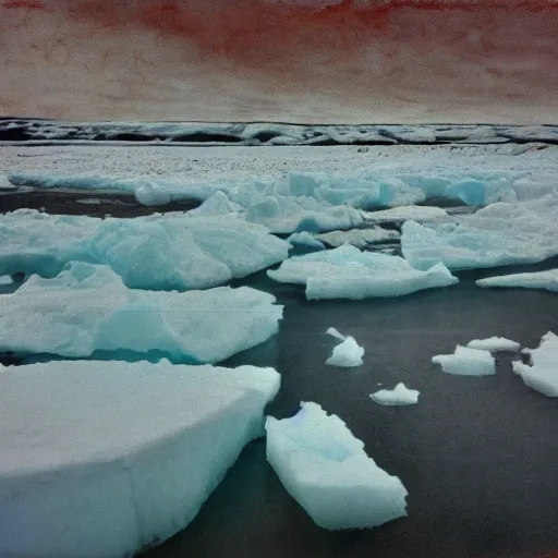 Image similar to colored vintage horrific photo of an ice floe meeting magma in the middle, textured, skewed perspective, last photo ever taken, apocalyptic event