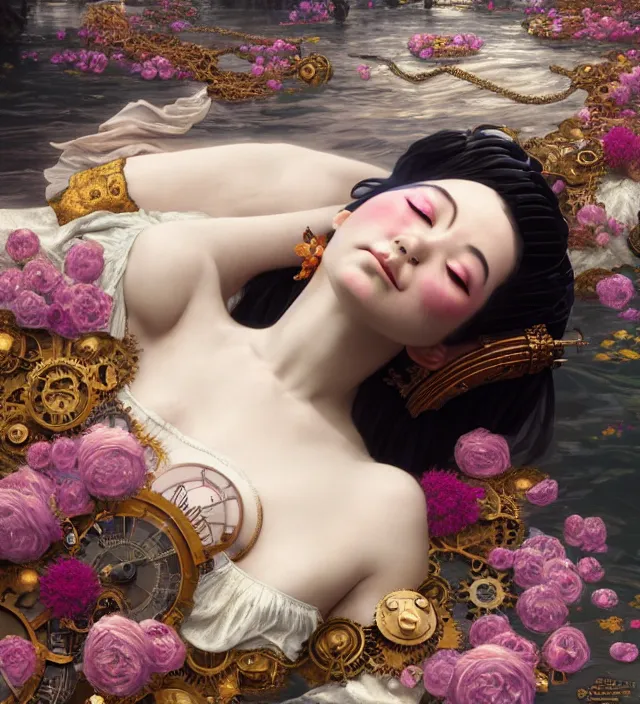 Image similar to baroque portrait of one steampunk bohemian geisha woman of porceline skin lying down in a river made of thousand of flowers, cinematic lighting, photorealistic, octane render, 8 k, depth of field, art by artgerm and greg rutkowski and alphonse mucha and uang guangjian