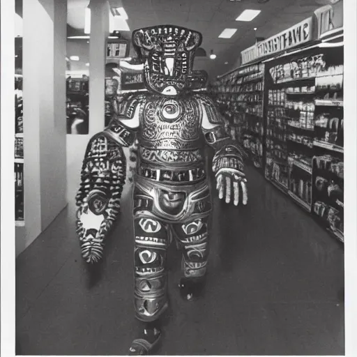 Image similar to low angle vintage photograph of a futuristic mayan jaguar warrior inside a grocery store, shallow depth of field, awkward, out of place, polaroid 6 0 0 color