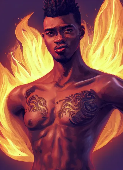 Image similar to a highly detailed illustration of attractive young african guy with flat top hair with flaming tattoos, dramatic standing pose, intricate, elegant, highly detailed, centered, digital painting, artstation, concept art, smooth, sharp focus, league of legends concept art, wlop