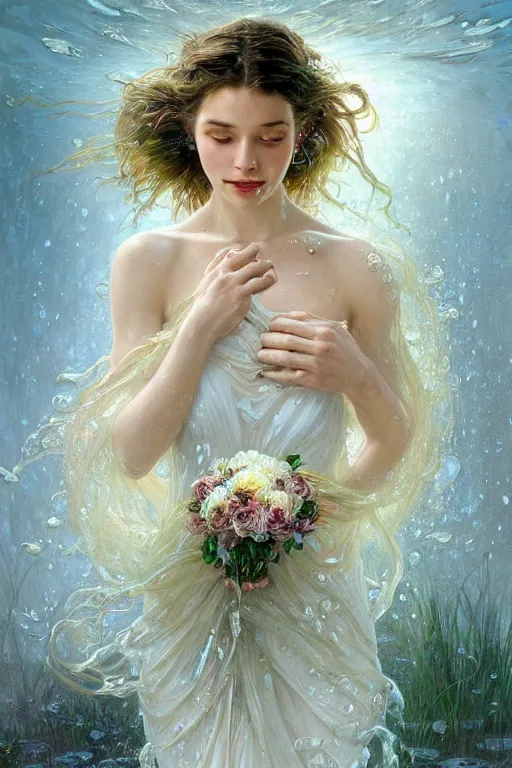 Image similar to portrait of a beautiful woman wearing a white dress, holding a bouquet of flowing flowers, drenched body, wet dripping hair, emerging from the water, fantasy, regal, fractal crystal, fractal gems, by stanley artgerm lau, greg rutkowski, thomas kindkade, alphonse mucha, loish, norman rockwell