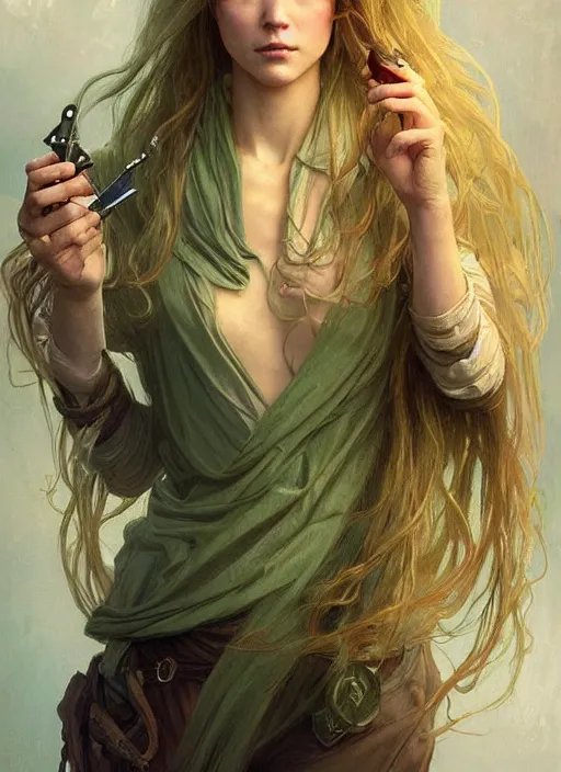 Image similar to a young april with a mischievous face and extremely long blonde wavy hair dressed in a green pale mechanic suit, she is a jedi, intricate detailed face, artgerm, greg rutkowski, alphonse mucha