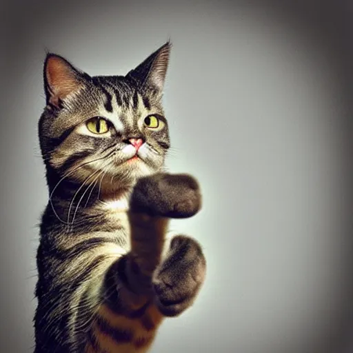 Image similar to “A cat, portrait, paw up in the air with a gun, simple background, 8K, photorealistic, hyper realistic, High definition, High detail”