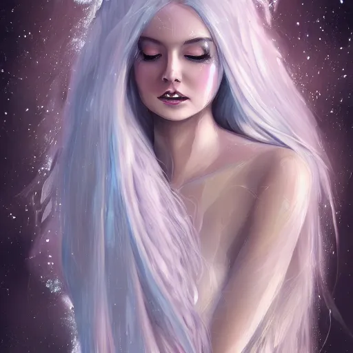 Prompt: Attractive young female ice angel, beautiful long white hair, wearing ice crystals, intricate, highly detailed, elegant, digital painting, trending on artstation