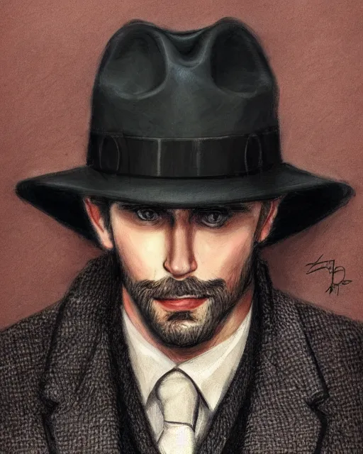 Image similar to portrait of a detective, zoomed in, noir, fedora, tweed coat, confident, handsome, heavy shading, vintage, high quality, by artgerm, artstation, ( ( ( by ilya repin ) ) )