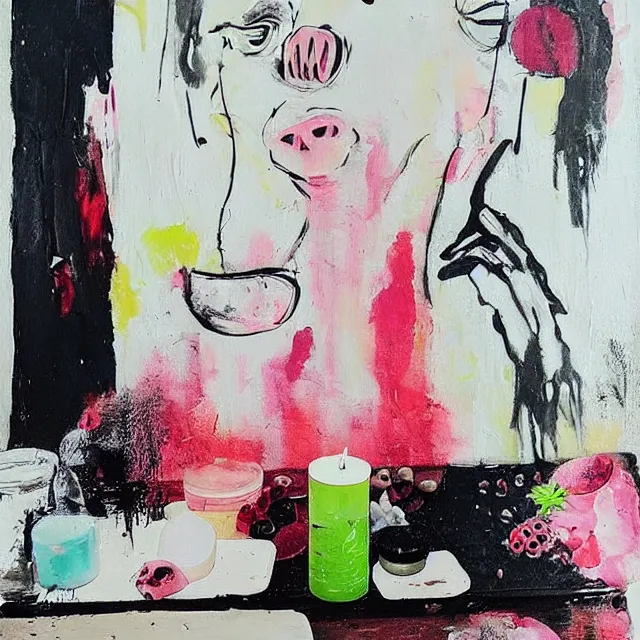 Image similar to “ a portrait in a female art student ’ s apartment, sensual, a pig theme, art supplies, paint tubes, ikebana, herbs, a candle dripping white wax, black walls, squashed berries, berry juice drips, acrylic and spray paint and oilstick on canvas, surrealism, neoexpressionism ”