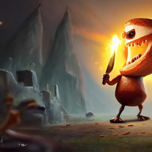 Prompt: battle toast, a slice of toasted bread with a face, arms and legs, holding a sword, cute, pixar, volumetric lighting, dynamic composition, fantasy, hyper detailed, ultra realistic, sharp focus, octane render, concept art by ruan jia and heng z and artem