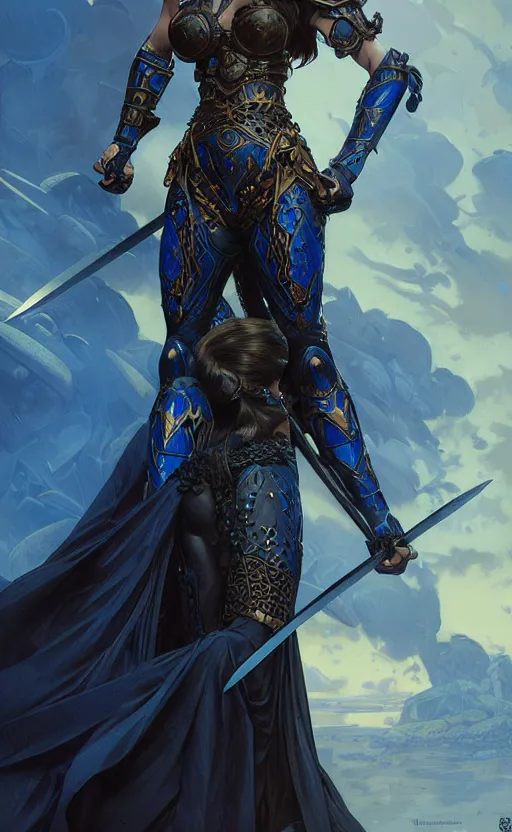 Prompt: Gothic muscular warrior queen in blue and black mythical heavy armor, fantasy, highly detailed, digital painting, artstation, concept art, smooth, sharp focus, illustration, art by artgerm and greg rutkowski and alphonse mucha