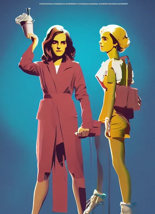 Image similar to poster artwork by Michael Whelan and Tomer Hanuka, Emma Watson and Kiernan Shipka in retro beauty pageant, clean, flat painting, trending on artstation and unreal engine