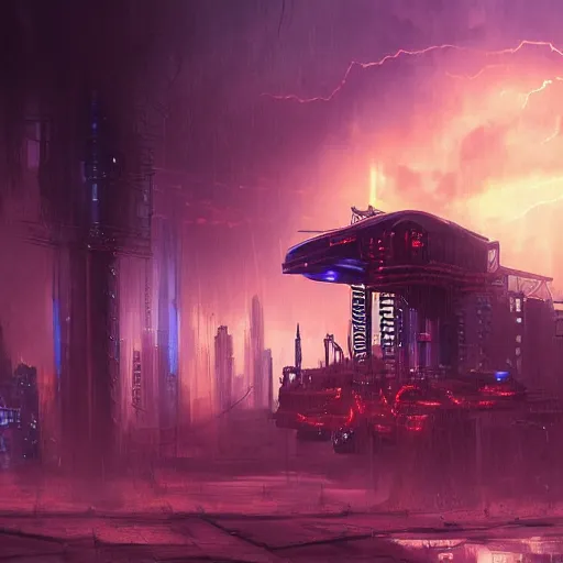 Image similar to Cyberpunk, steampunk, apocalyptic, surreal, sunset during a thunderstorm, otherworldy, purple, trending on artstation