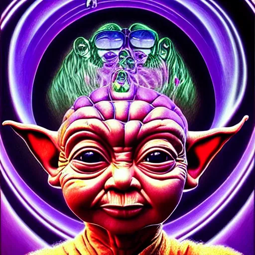 Image similar to portrait ultra dimensional baby yoda tripping on dmt, psychedelic experience, overwhelming self realization and awakening, ultra high definition, unreal engine 5, hyperrealism, masterpiece composition, surrealism by alex grey, salvador dali 8 k photorealistic