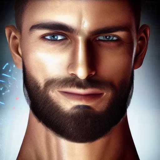Image similar to “a realistic detailed photo of a guy who is an attractive humanoid who is half robot and half humanoid, who is a male android, shiny skin, muscular, beard and chiseled jawline,”