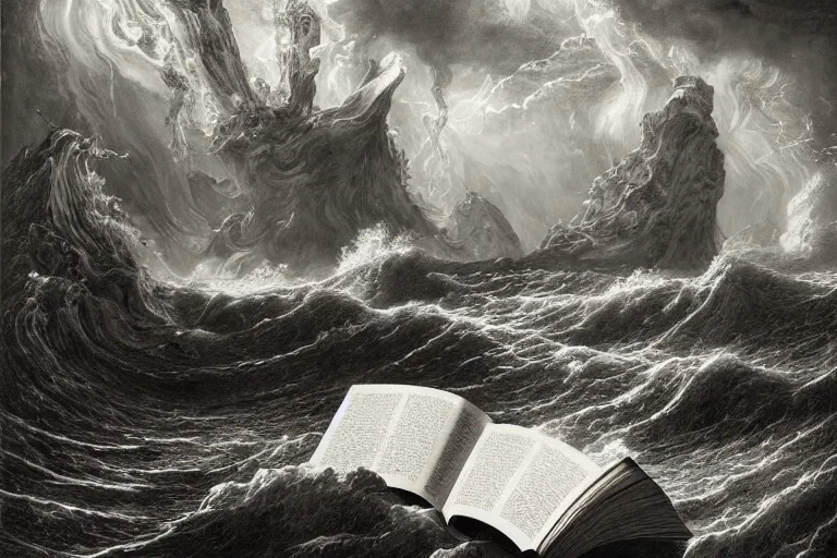 Image similar to highly detailed and cinematic romantic, edge of the universe, big open book, open book page, don quixote left the book, symmetrical face, magical, roman myth, masterpiece, crashing waves, lightning, highly detailed painting by gustave dore